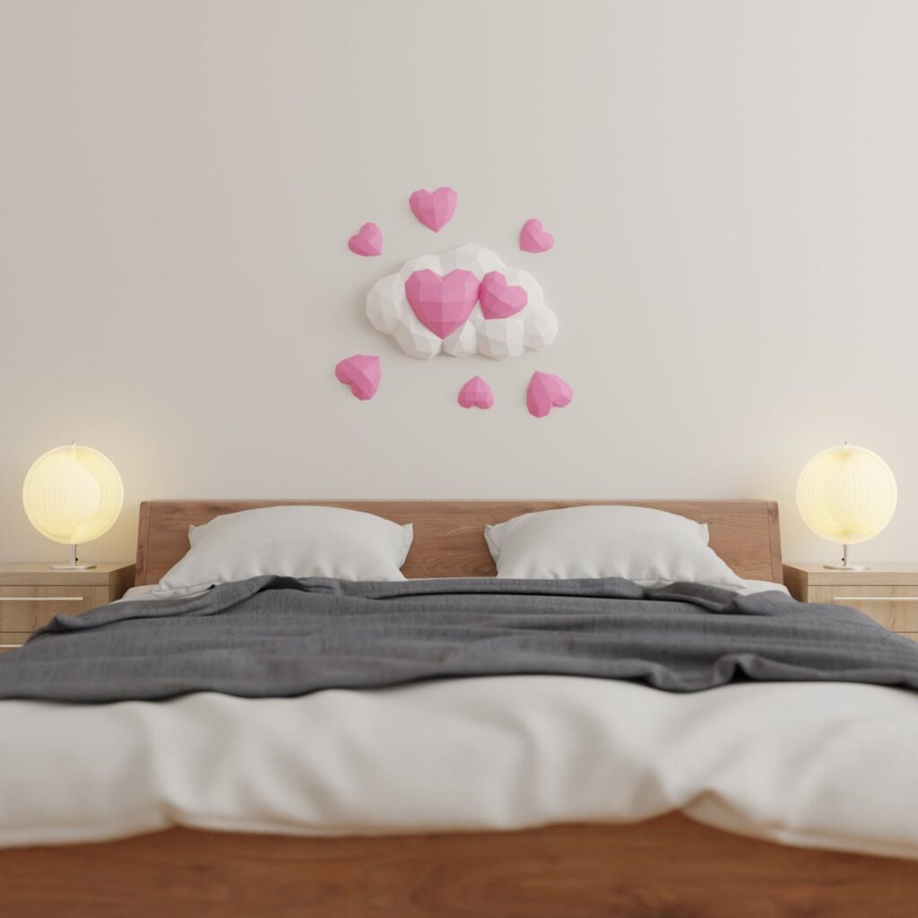 Papercraft hearts in a cloud origami 3D