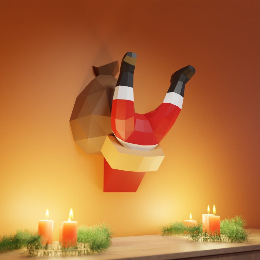 Papercraft of Santa stuck in a chimney in 3D origami