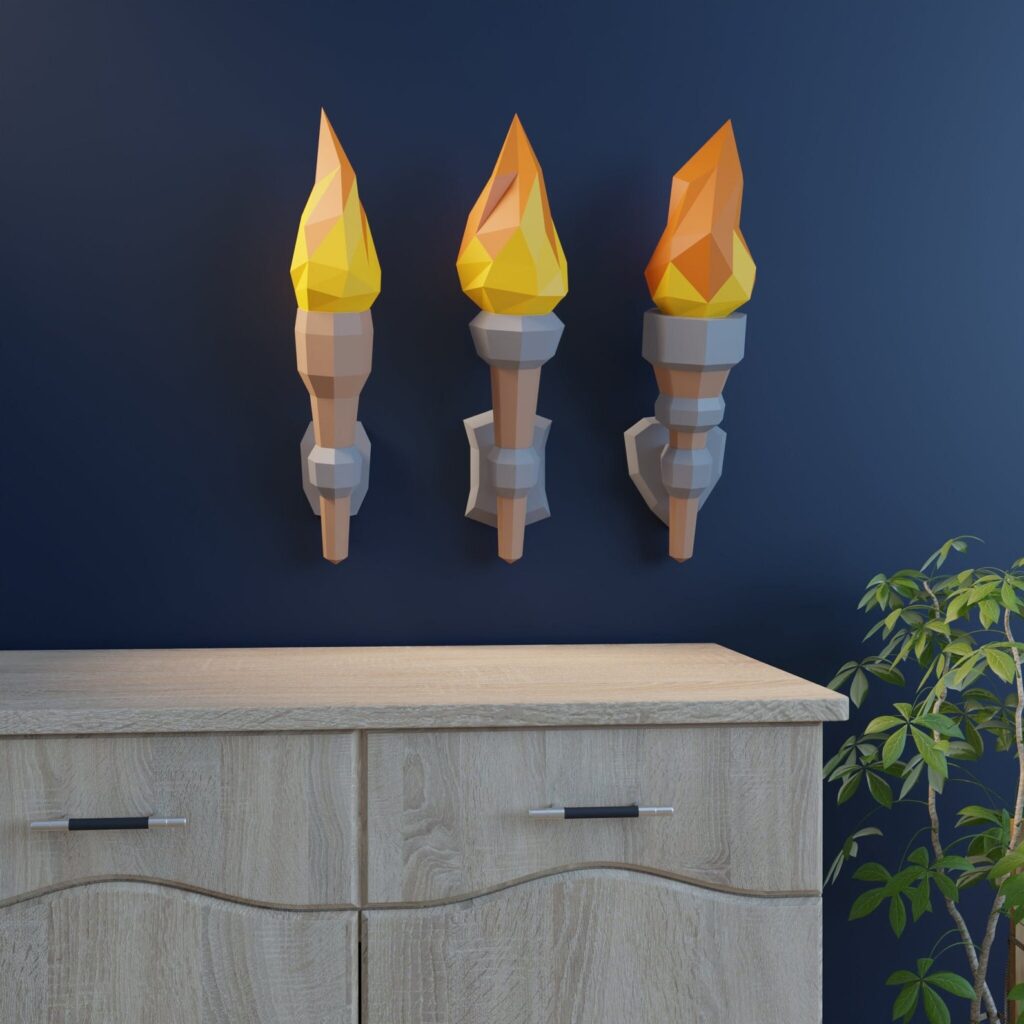 Papercraft 3D wall torches in origami