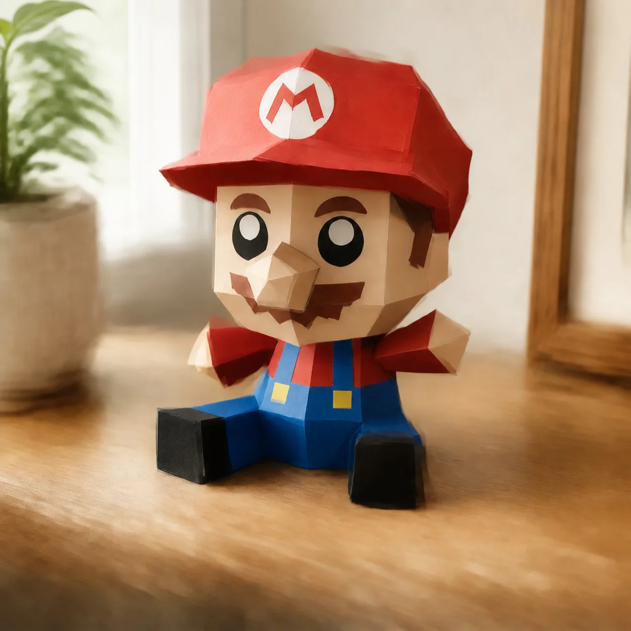 Mario en papercraft 3D fabriqué en papier dans un intérieur lumineux