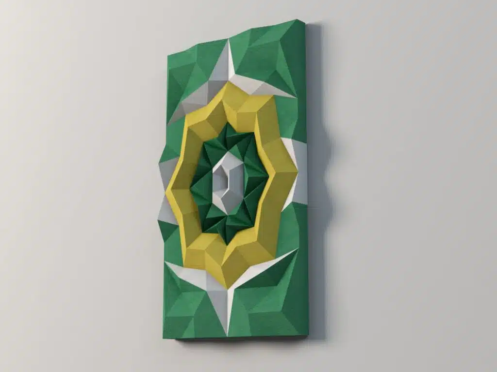 Muurpaneel geometrische ster geel-groen 3D papercraft, weergave 2