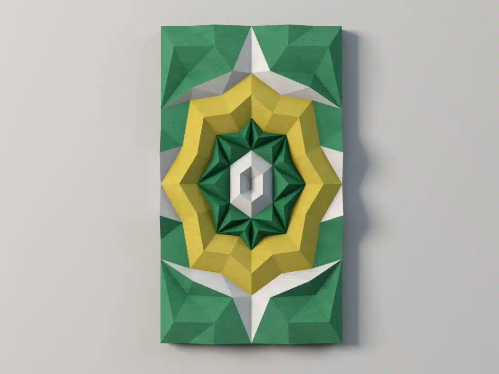 Muurpaneel geometrische ster geel-groen 3D papercraft, weergave 3