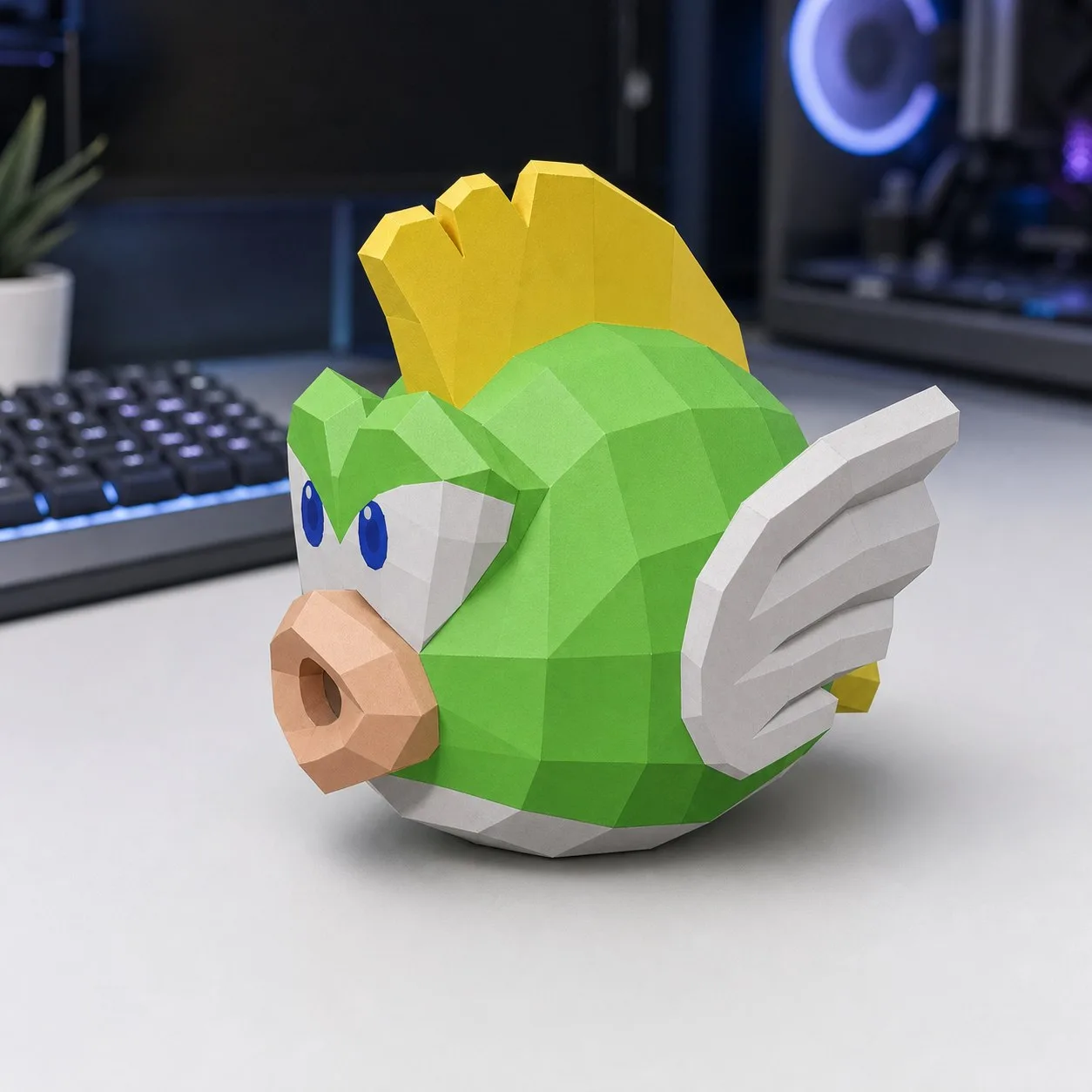 Papercraft Cheep Cheep de Mario en origami 3D posé sur une étagère, vue 3
