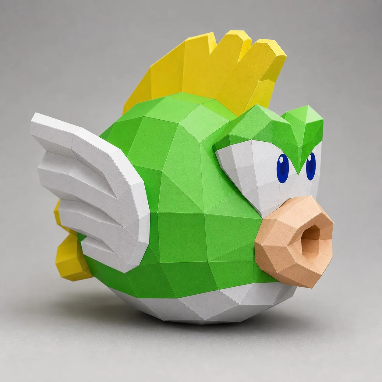 Papercraft Cheep Cheep de Mario en origami 3D posé sur une étagère, vue 2