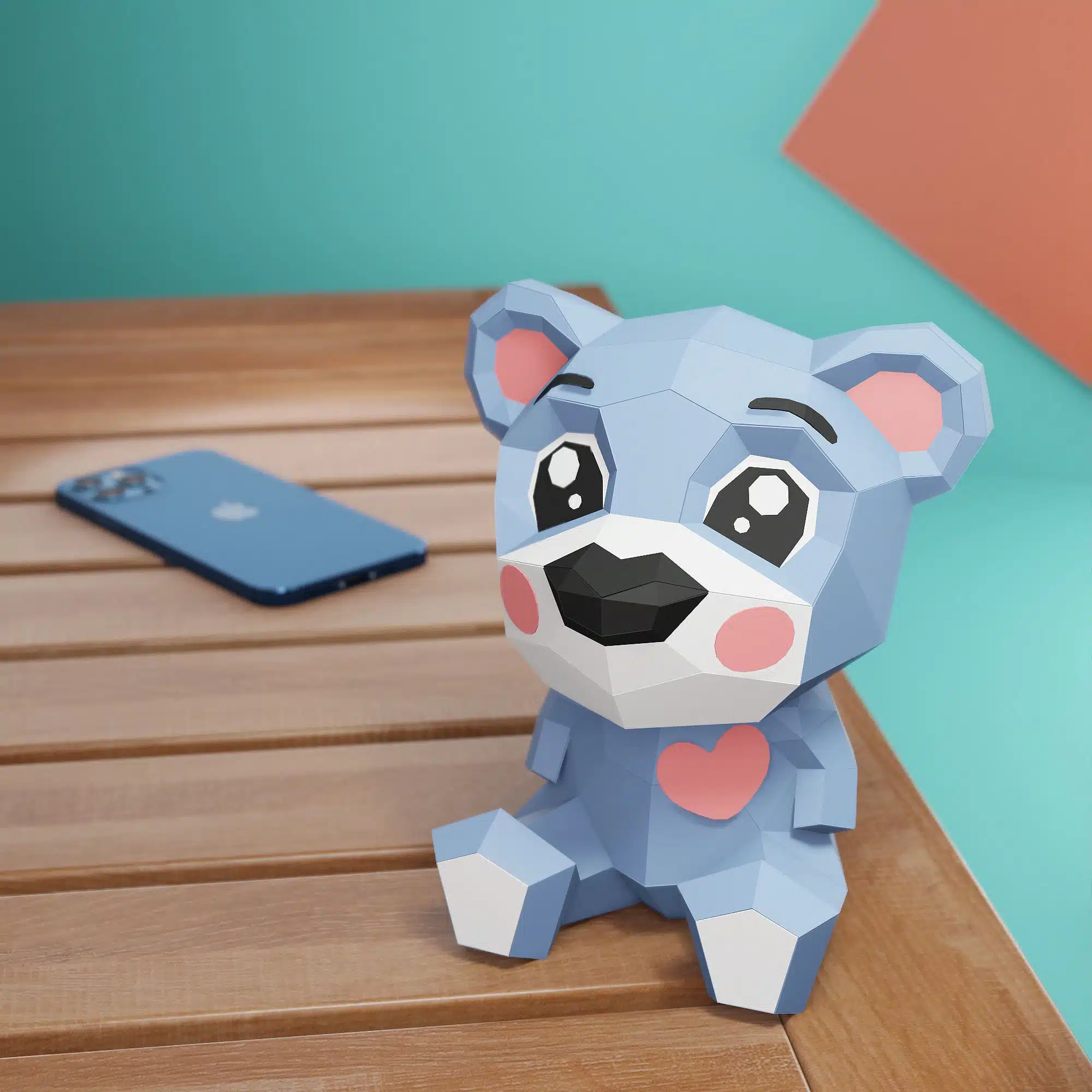 Blauwe cartoonbeer met hart in papercraft 3D, weergave 8