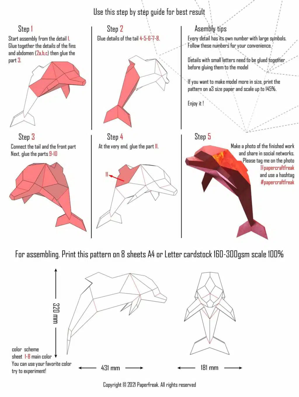 Dolfijn 3D papercraft origami, weergave 3
