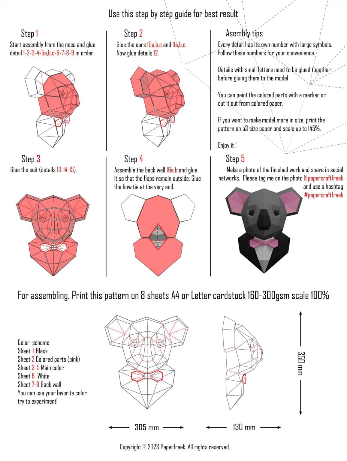 Papercraft of dapper koala in origami 3D