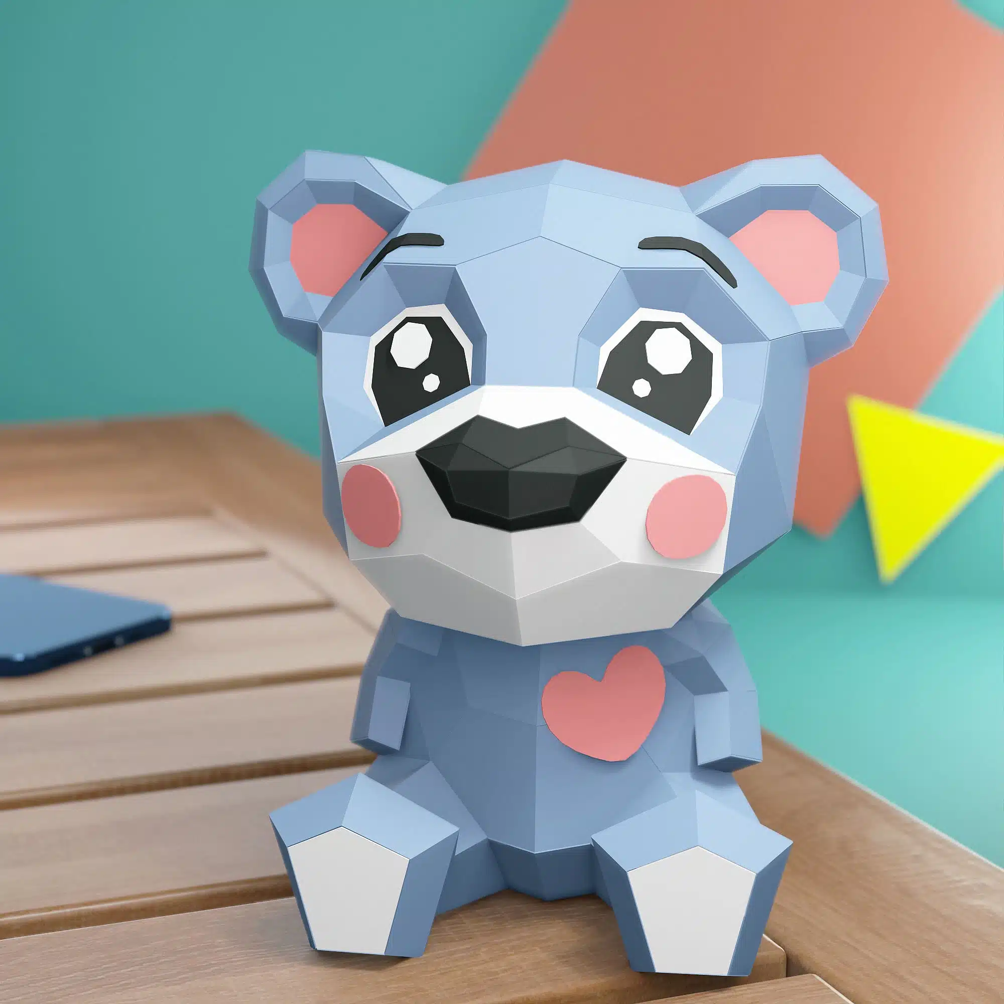 Blauwe cartoonbeer met hart in papercraft 3D, weergave 7