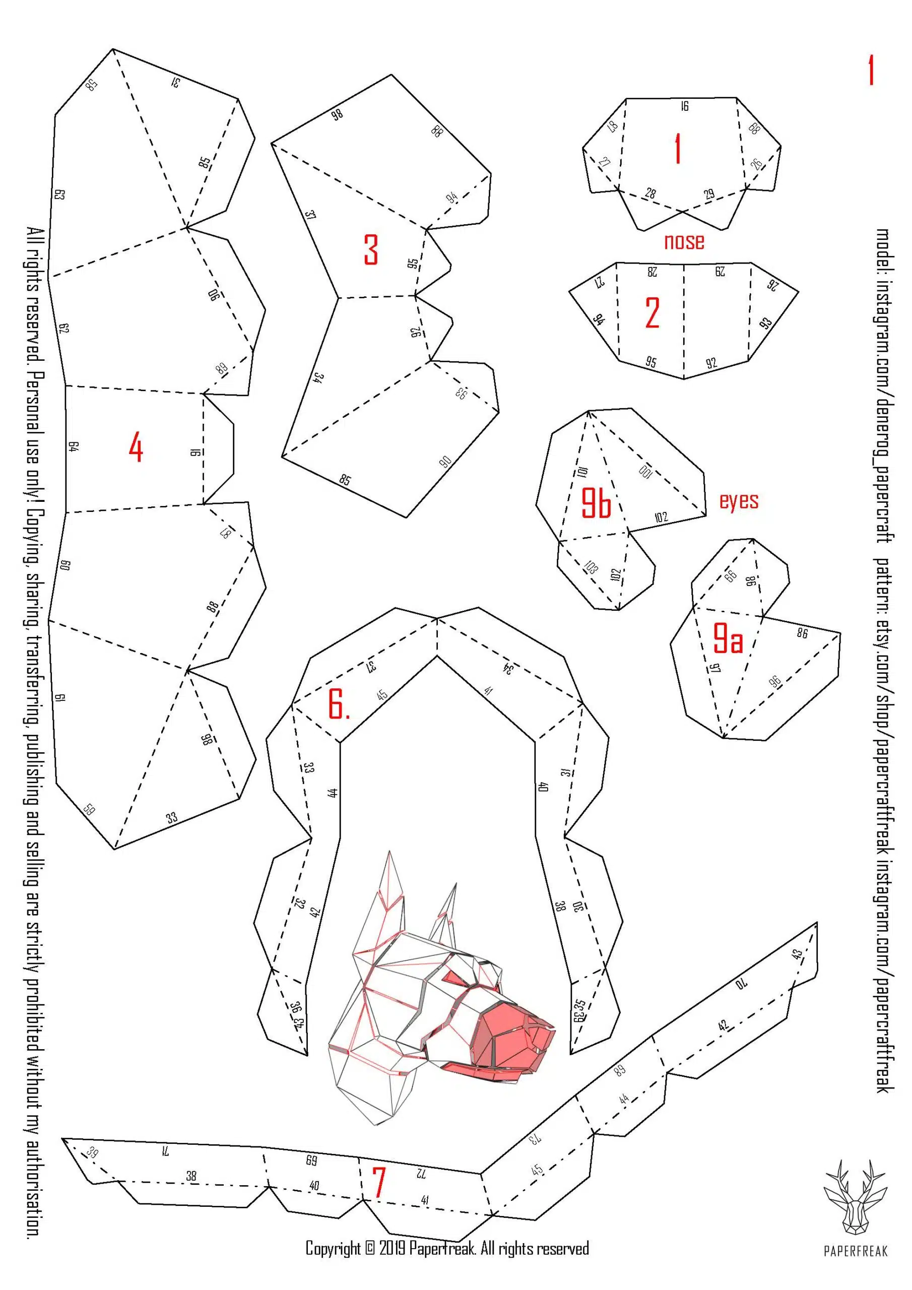 Origami 3D dobermannkop, weergave 4