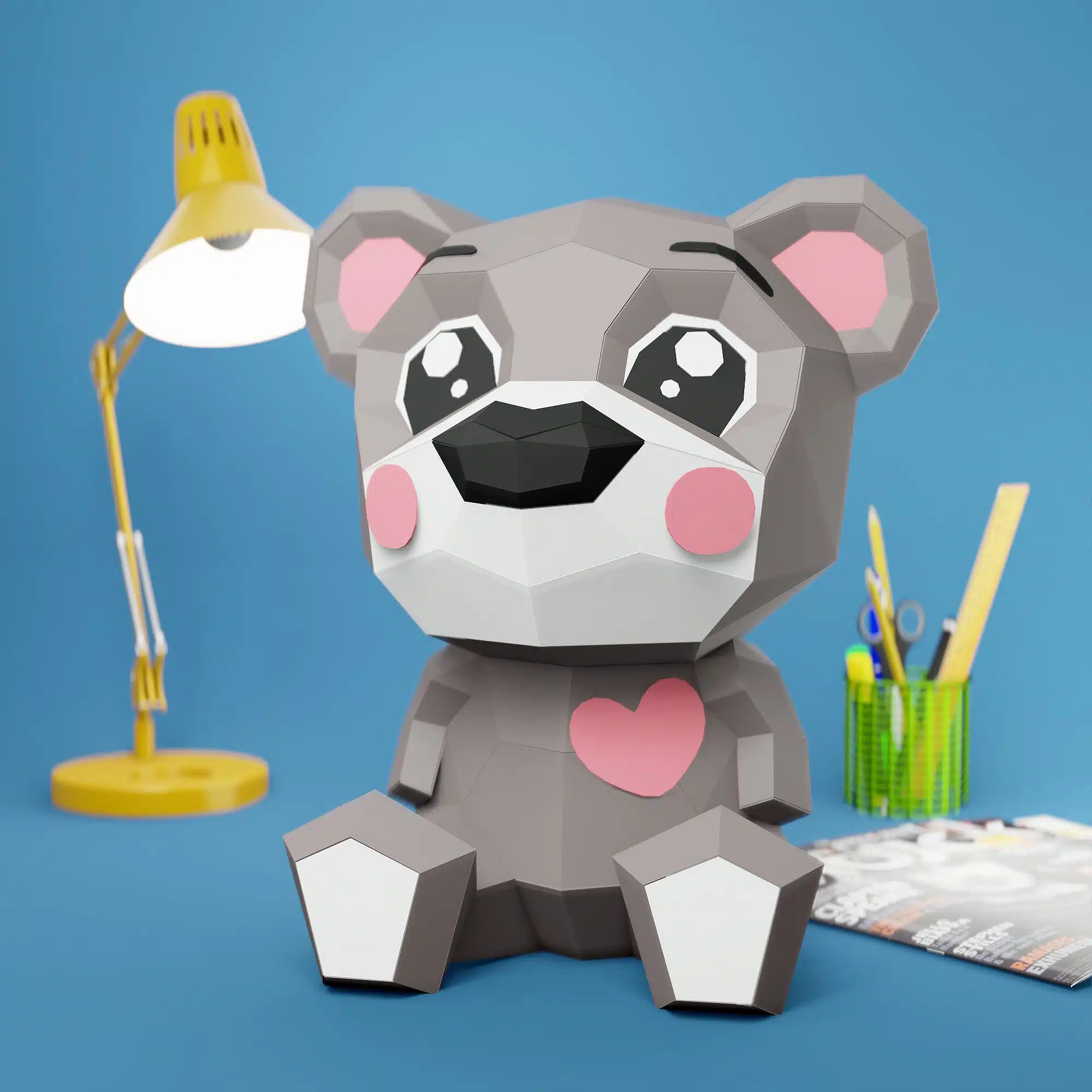 Blauwe cartoonbeer met hart in papercraft 3D, weergave 6