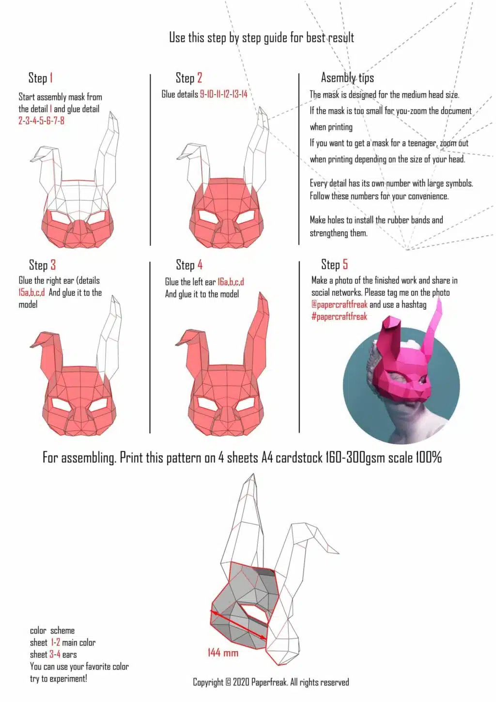 Roze konijnenmasker in papercraft 3D, weergave 3