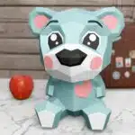 Blauwe cartoonbeer met hart in papercraft 3D, weergave 4