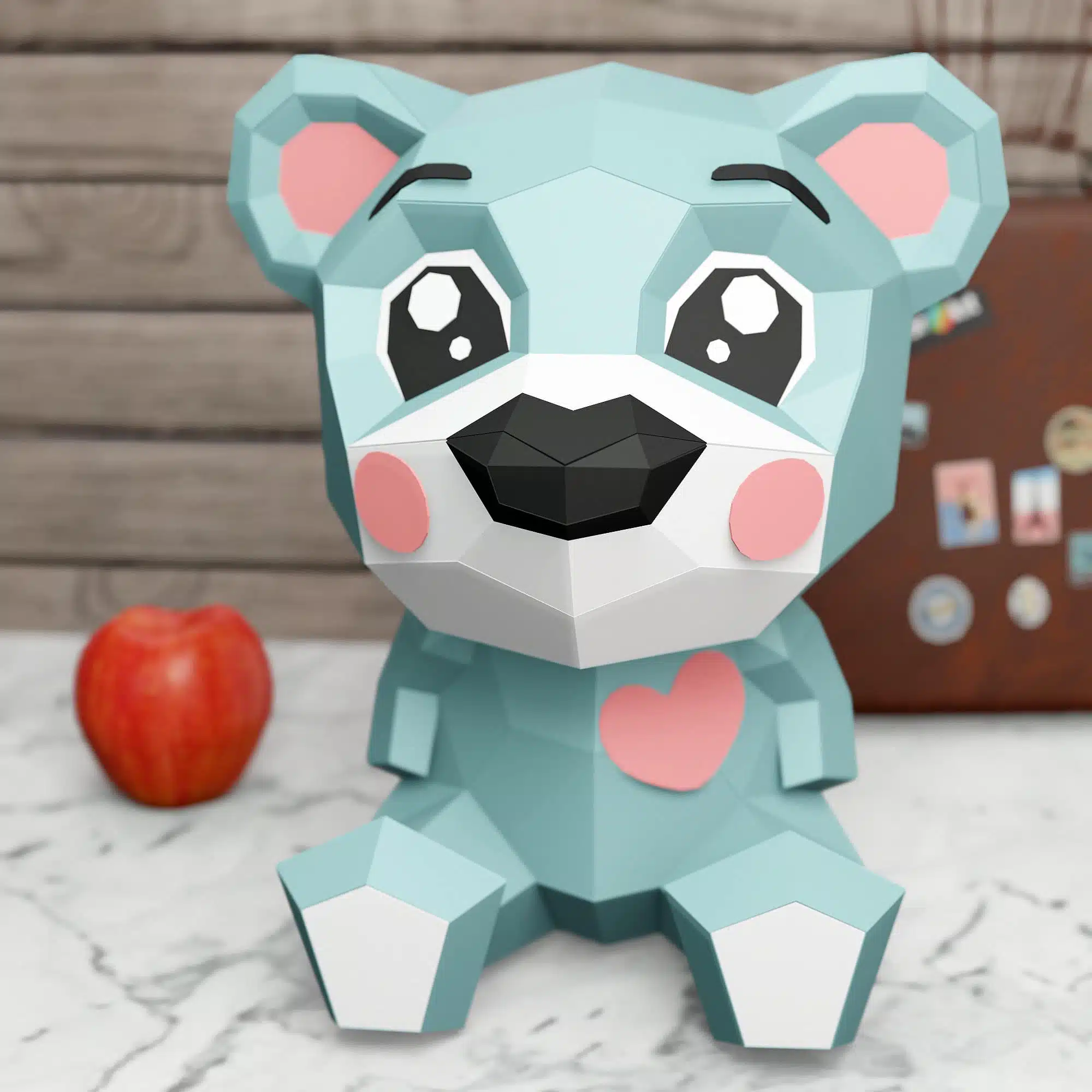 Blauwe cartoonbeer met hart in papercraft 3D, weergave 4