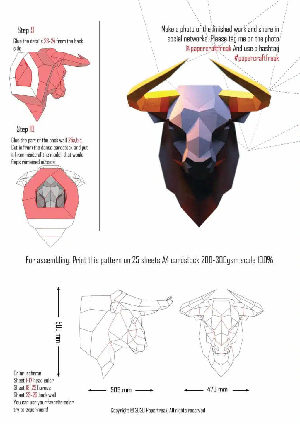 Stierenkop in 3D papercraft, weergave 3
