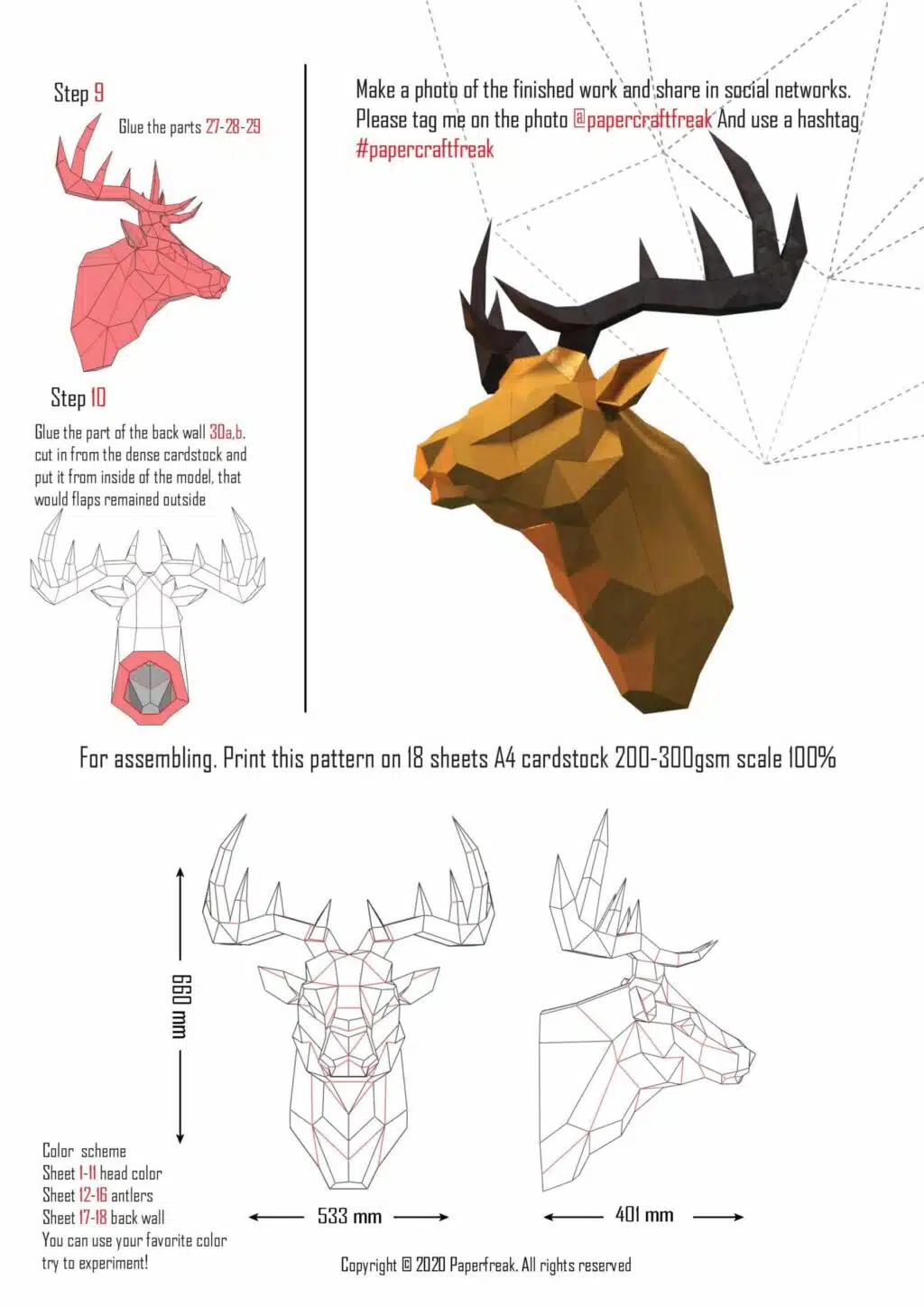 Cabeça de cervo amarela em papercraft 3D
