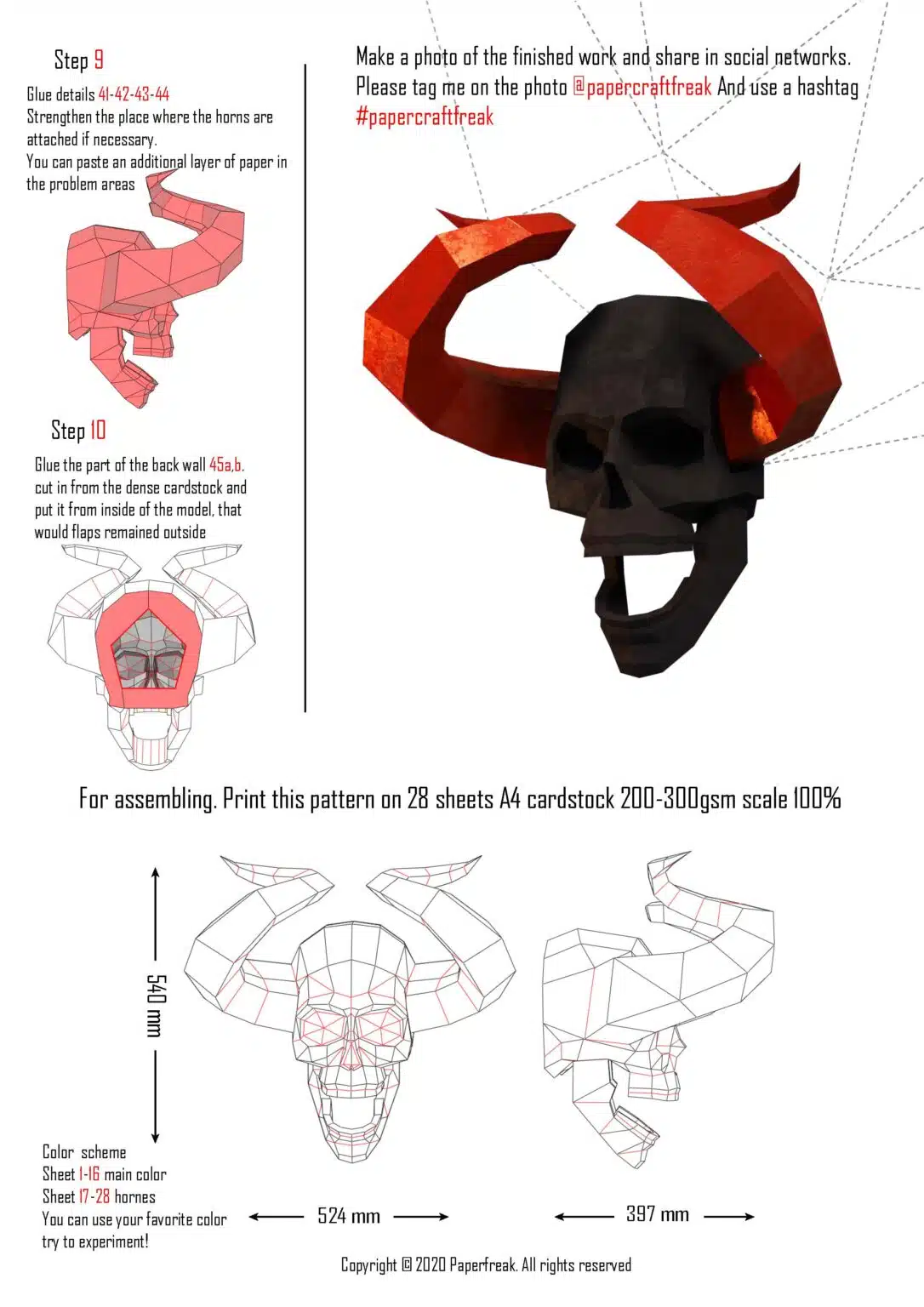 Papercraft de crâne démoniaque avec cornes en origami 3D