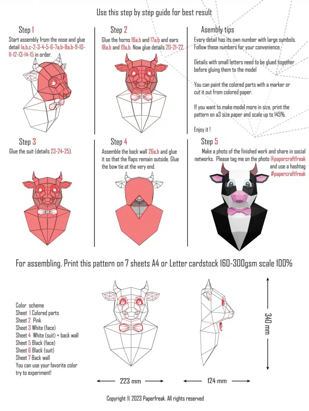 Stier in pak papercraft 3D, weergave 3
