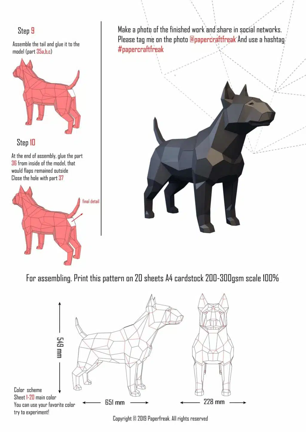 Bulldog in papercraft 3D, weergave 3