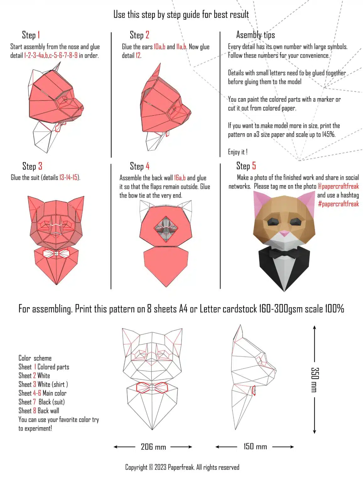 Papercraft di gatto elegante in origami 3D