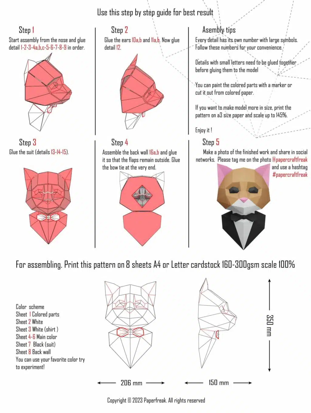 Kat in pak papercraft 3D, weergave 3