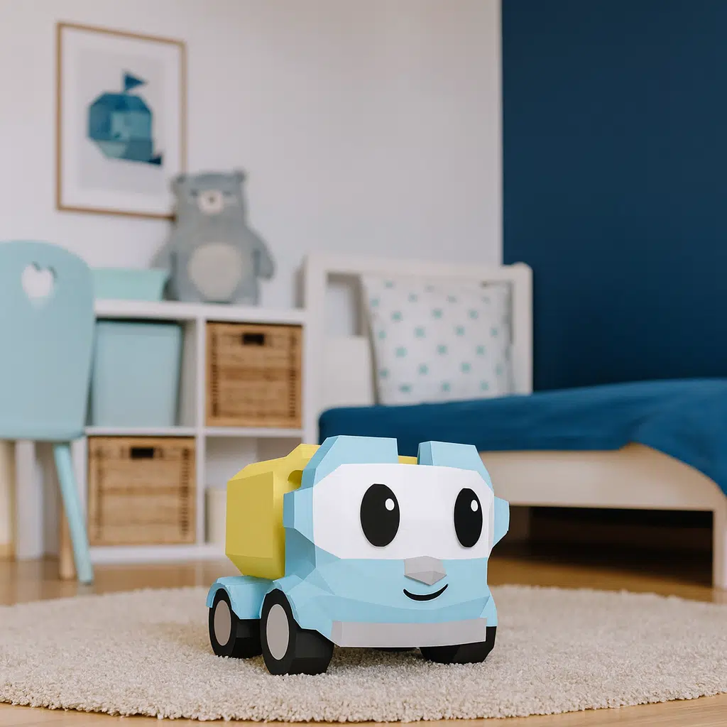 Papercraft of 3D concrete mixer truck in origami