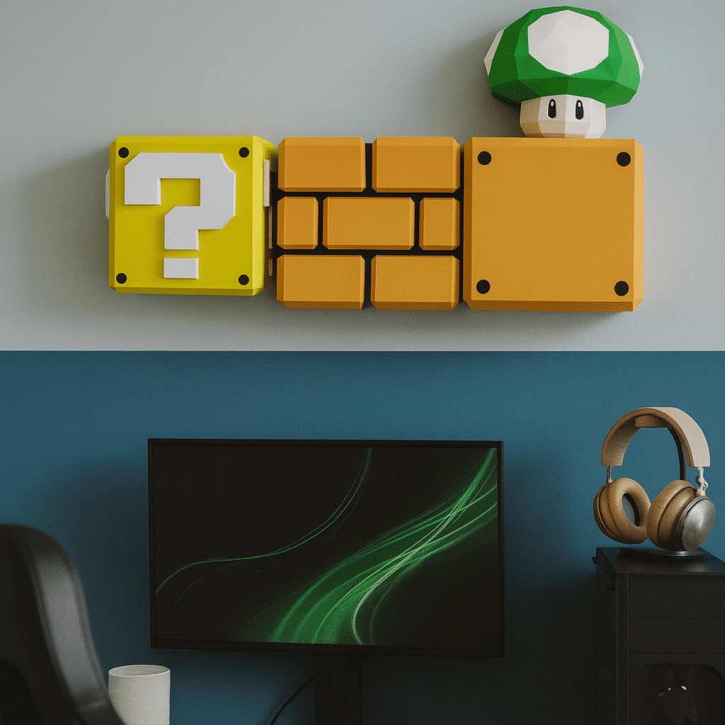 Papercraft retro gaming blocks and mushroom in 3D origami