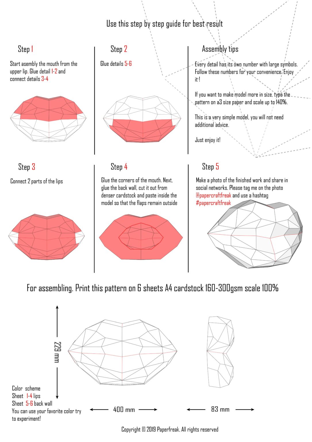 Papercraft of red lips in origami 3D