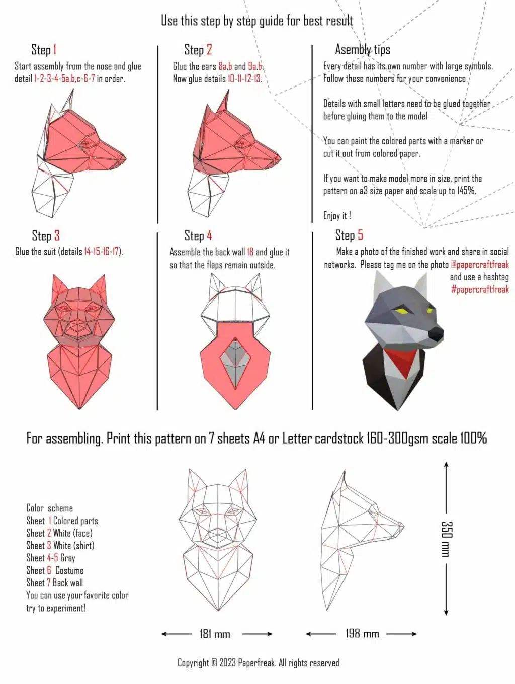 Grijze wolfkop muurdecoratie in papercraft 3D, weergave 3