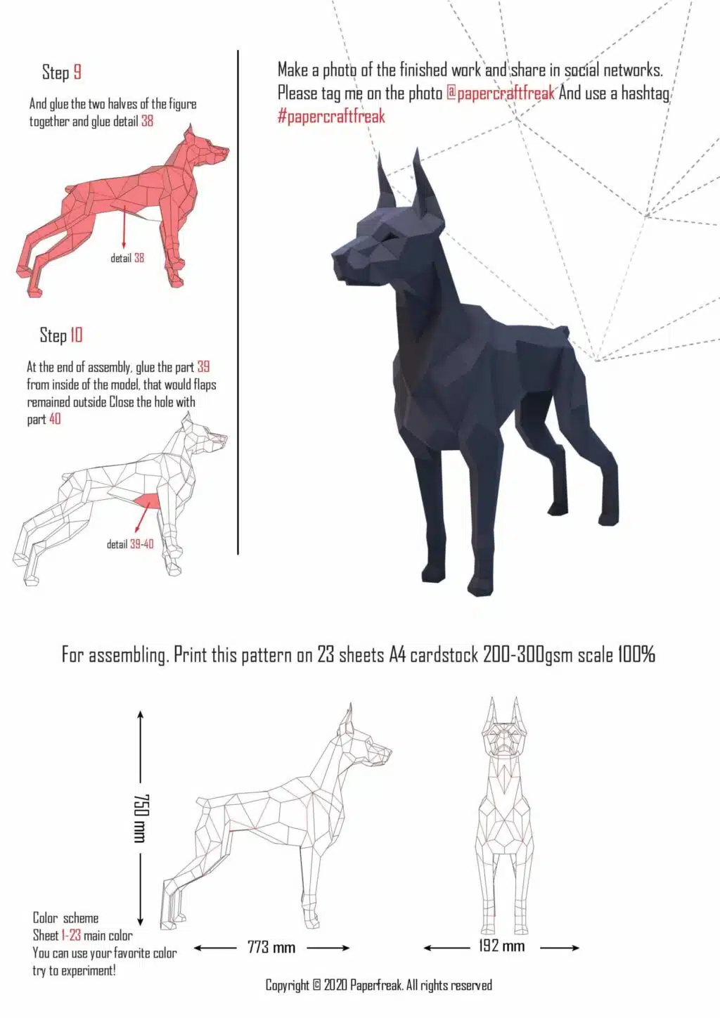 Doberman papercraft 3D in blauw arduin, weergave 3