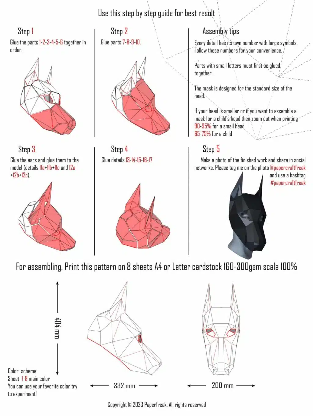 Dobermann-masker in 3D-papercraft, weergave 3