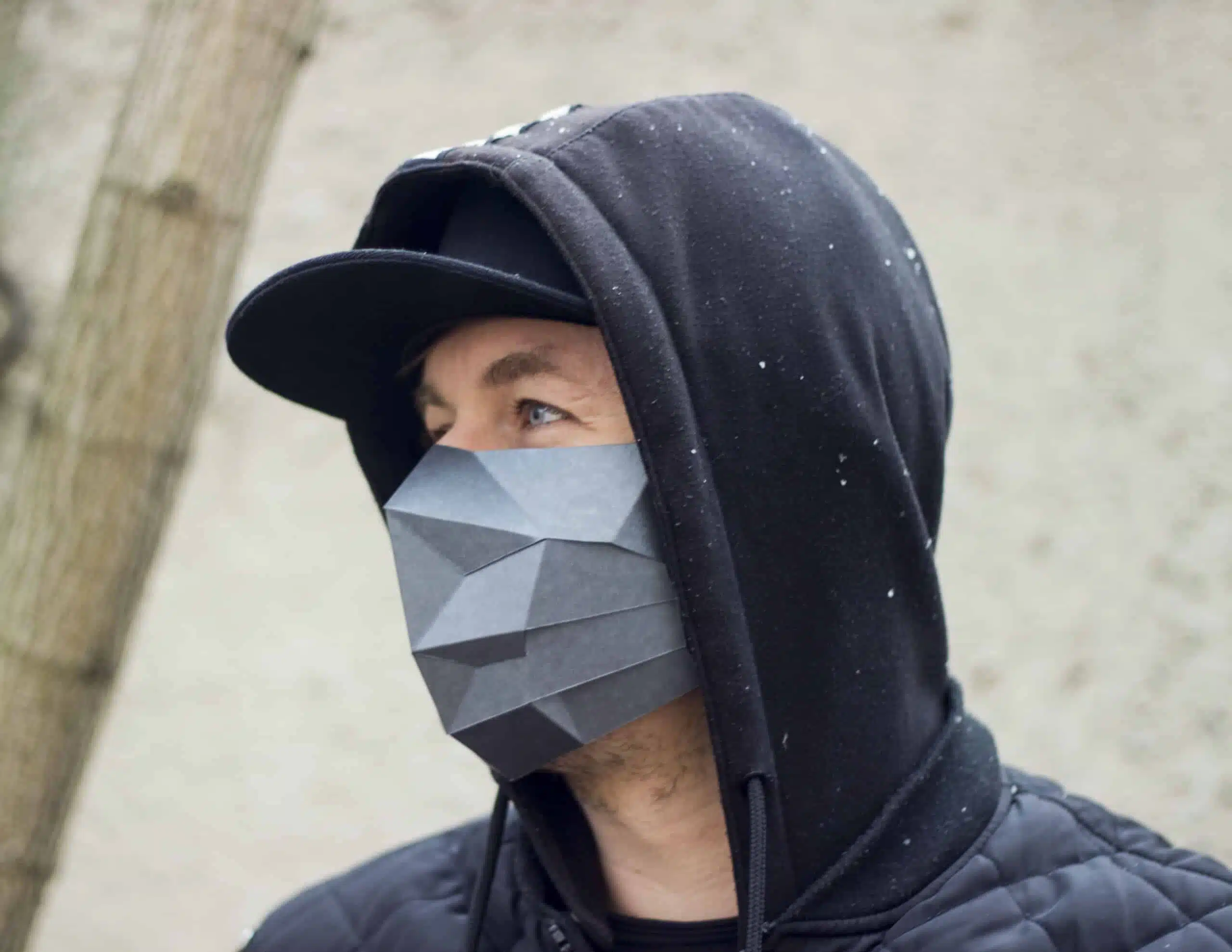 Polygonal 3D papercraft Halloween mask, side view
