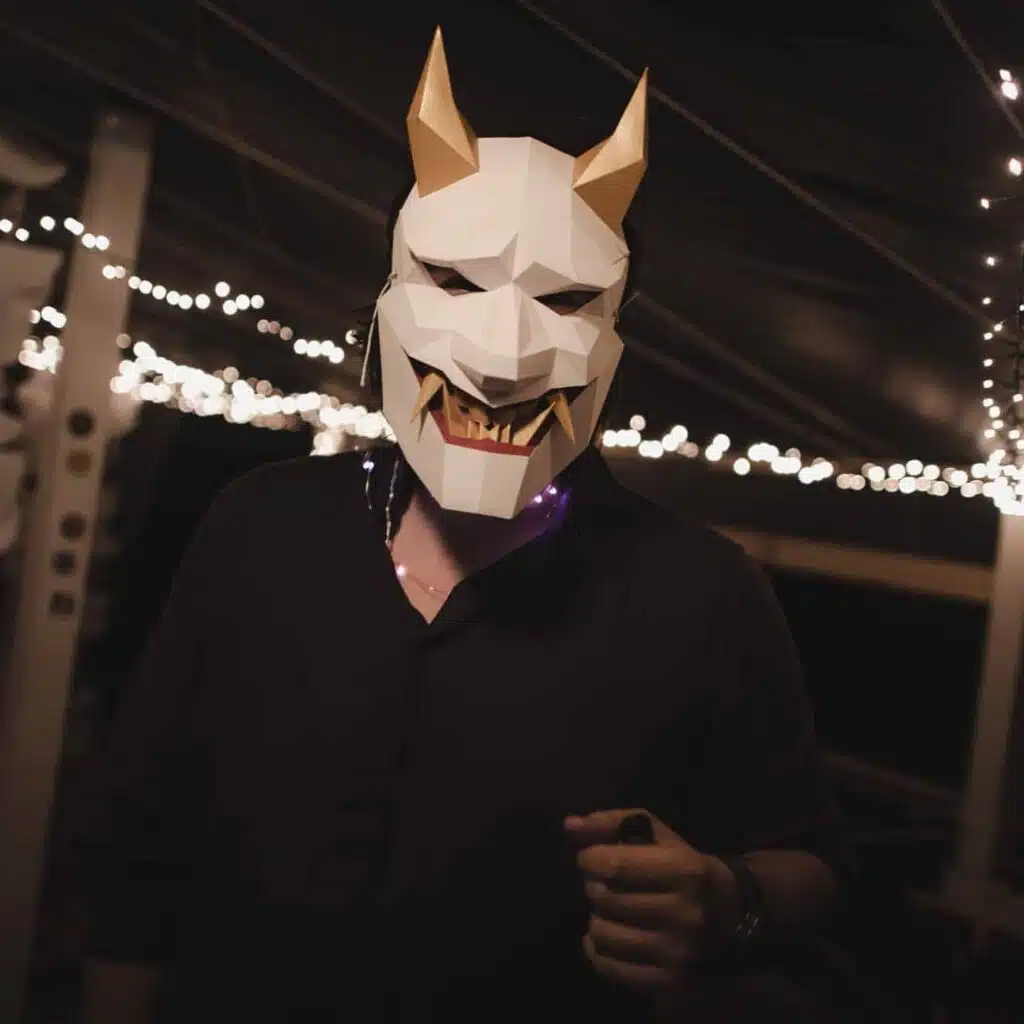 Papercraft demon Oni mask in 3D origami