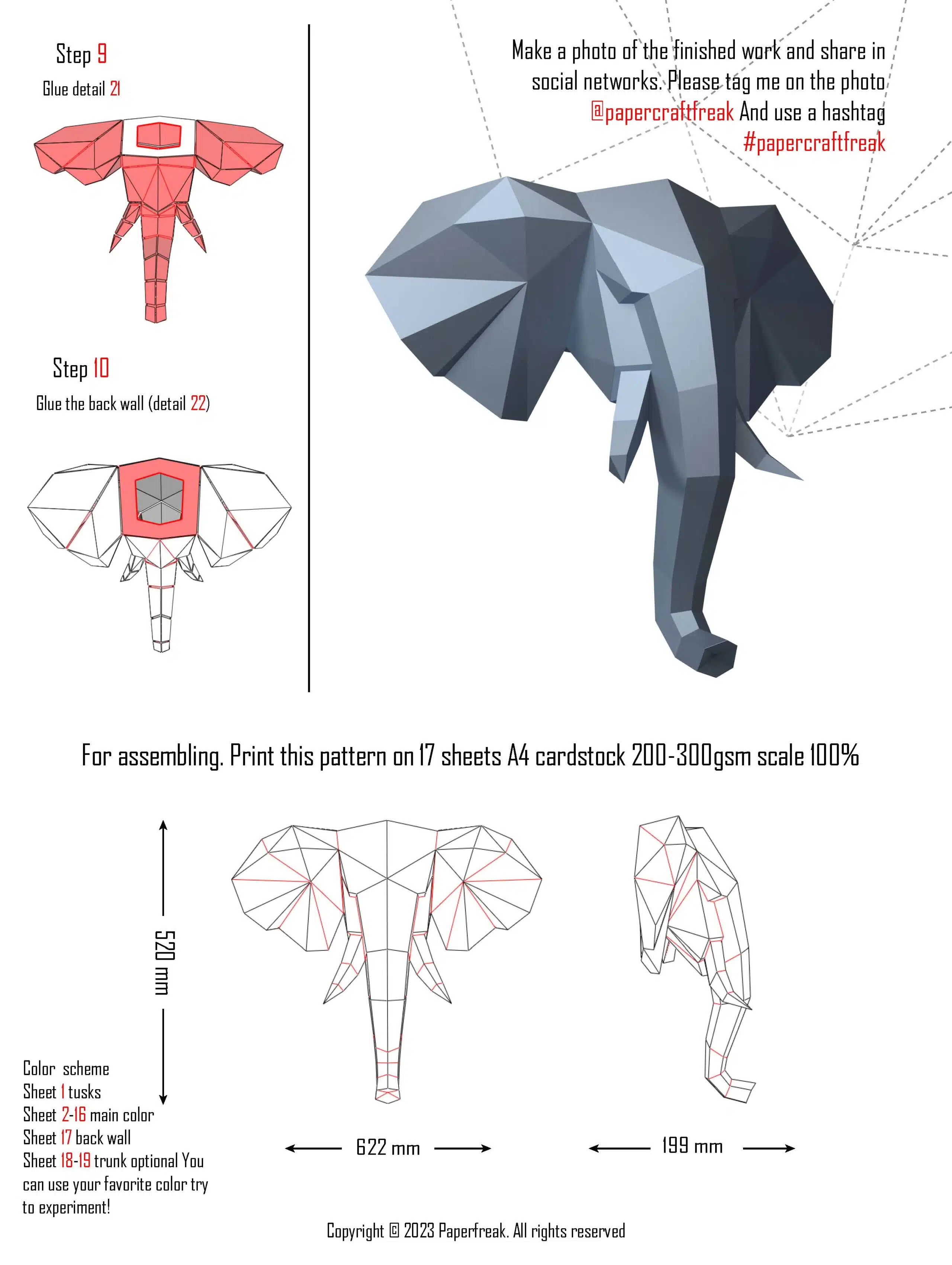 Olifant papercraft kop 3D, weergave 4