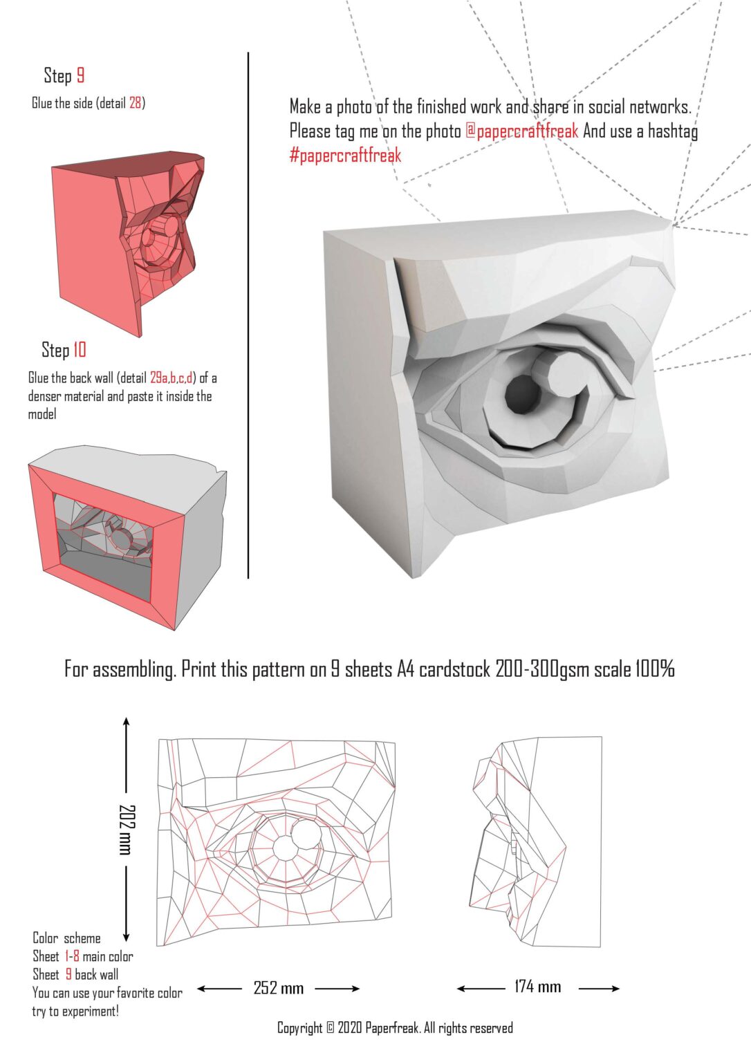 Papercraft of left and right eyes in 3D origami