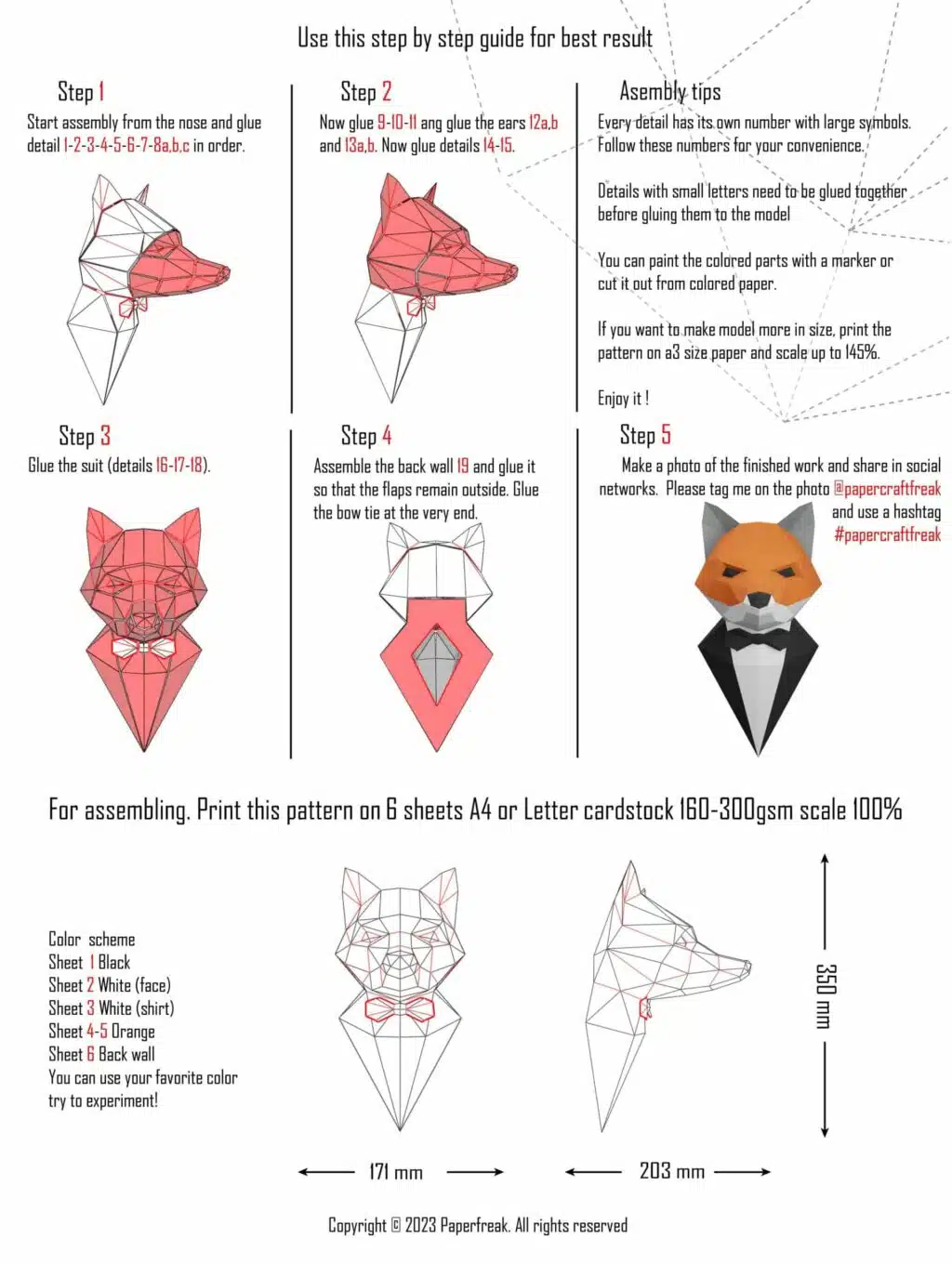 Papercraft 3D vos in pak, weergave 3