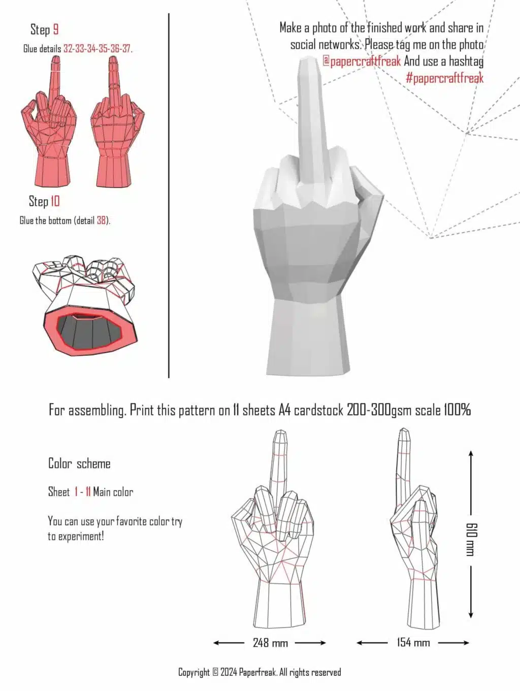 Papercraft 3D dedo do meio branco