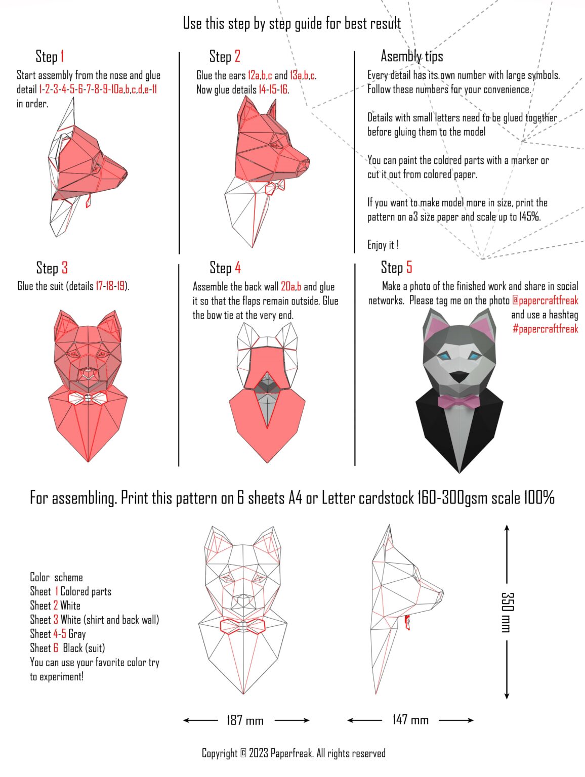 Sculpture chien husky en papercraft 3D