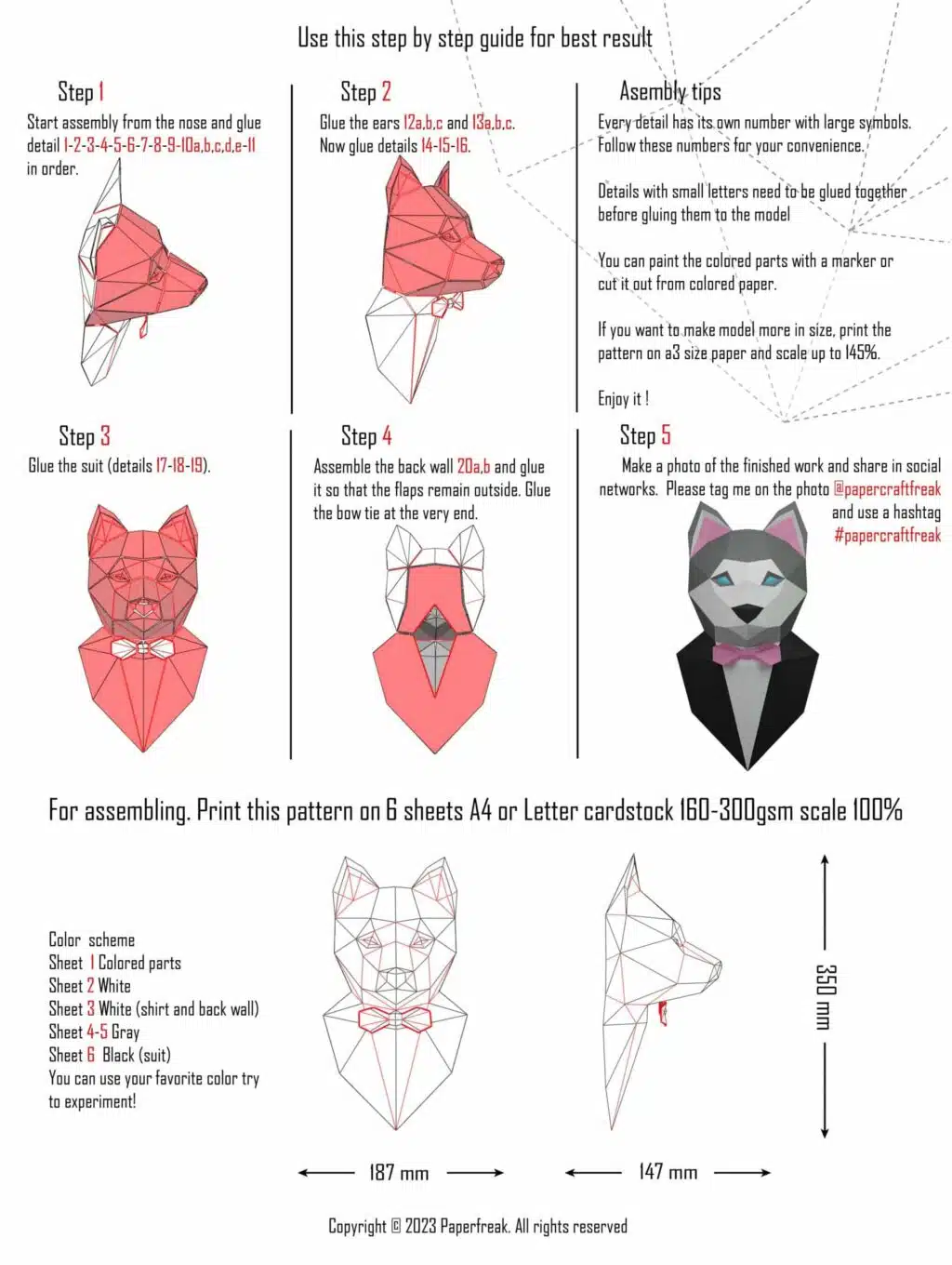 Escultura de perro husky en papercraft 3D