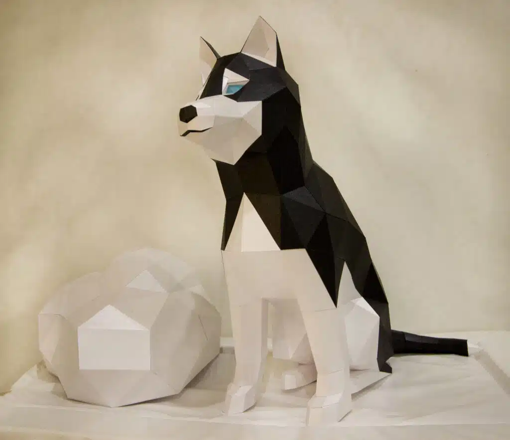 Husky sentado en papercraft 3D
