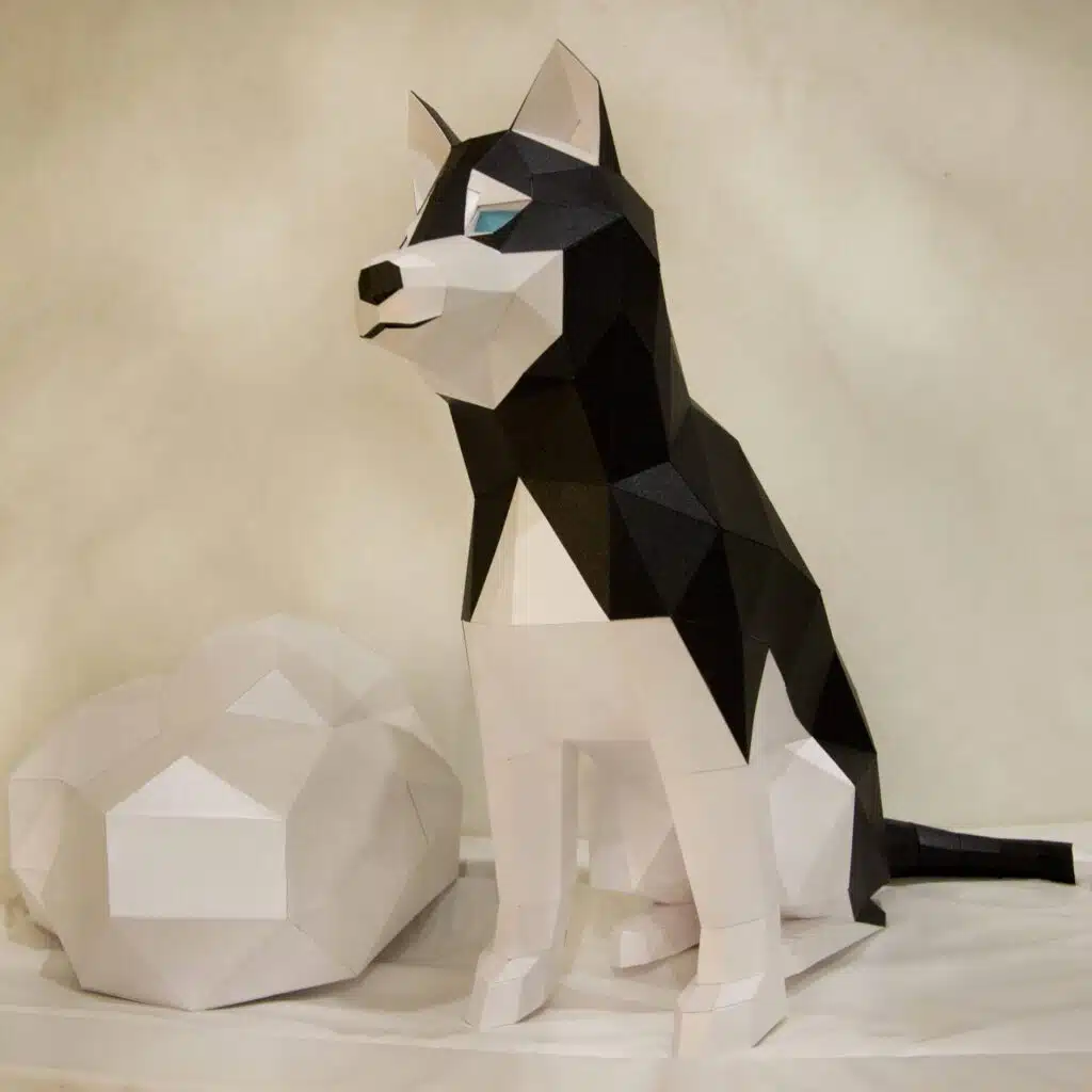 Sitzender Husky als 3D-Papercraft