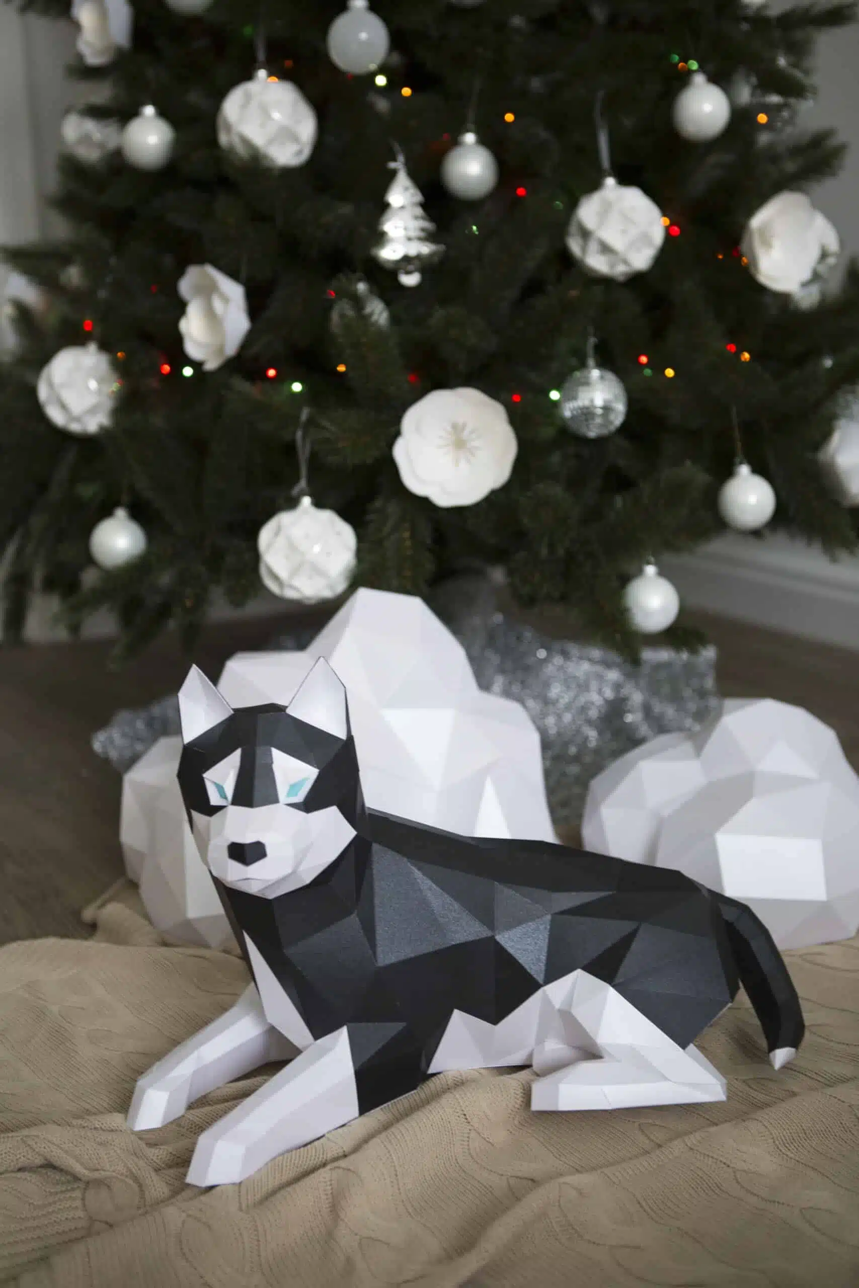 Husky liggend papercraft 3D, weergave 3