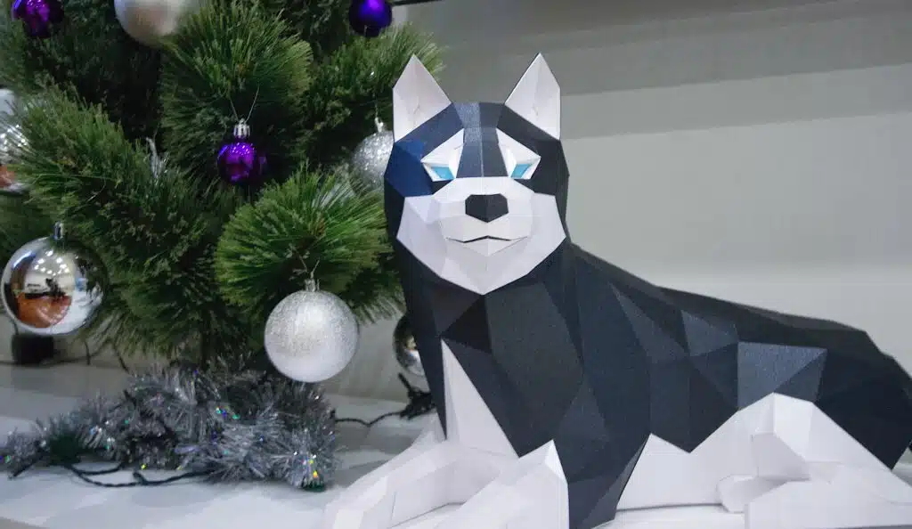 Husky liggend papercraft 3D, weergave 7