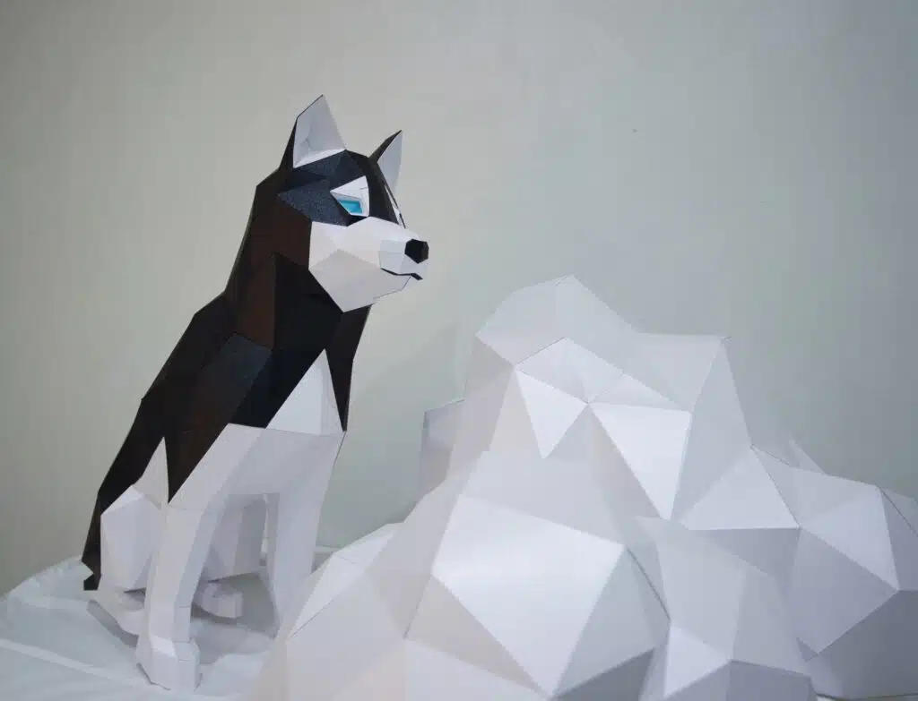 Husky sentado en papercraft 3D