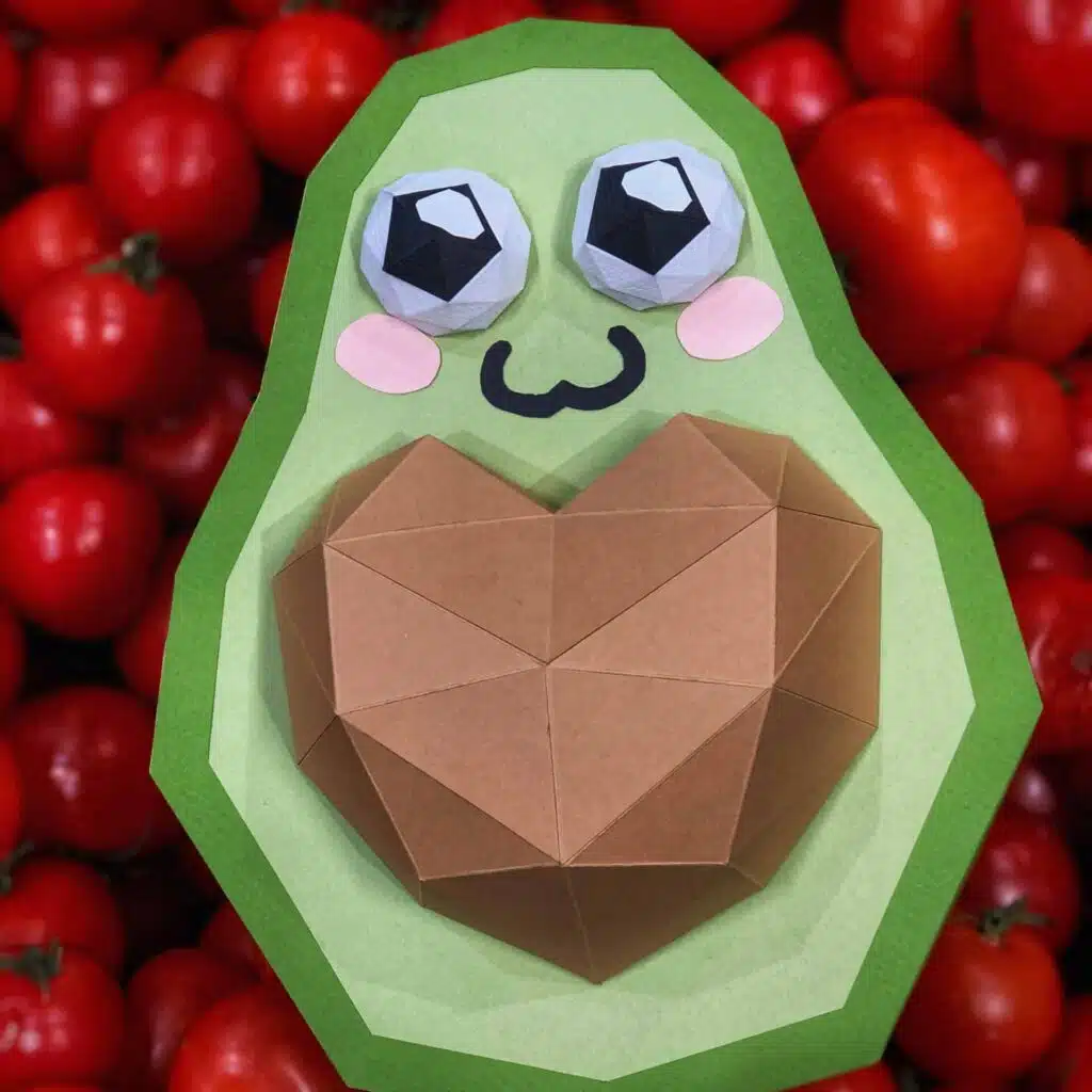 Papercraft di avocado con cuore in origami 3D