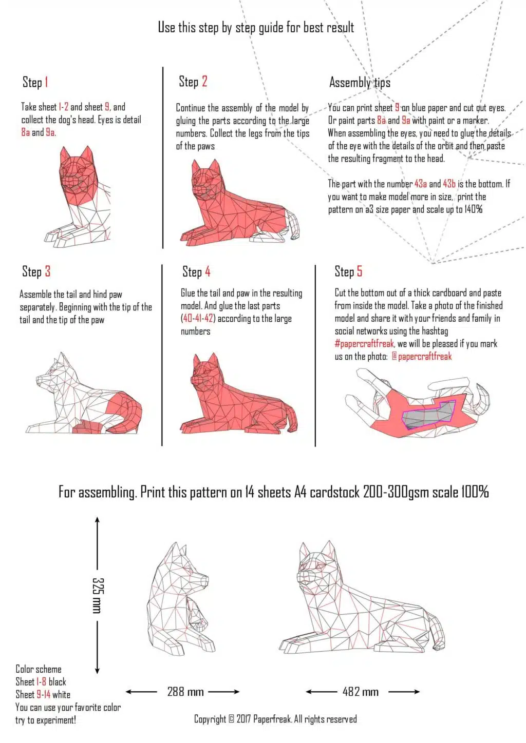 Husky liggend papercraft 3D, weergave 4