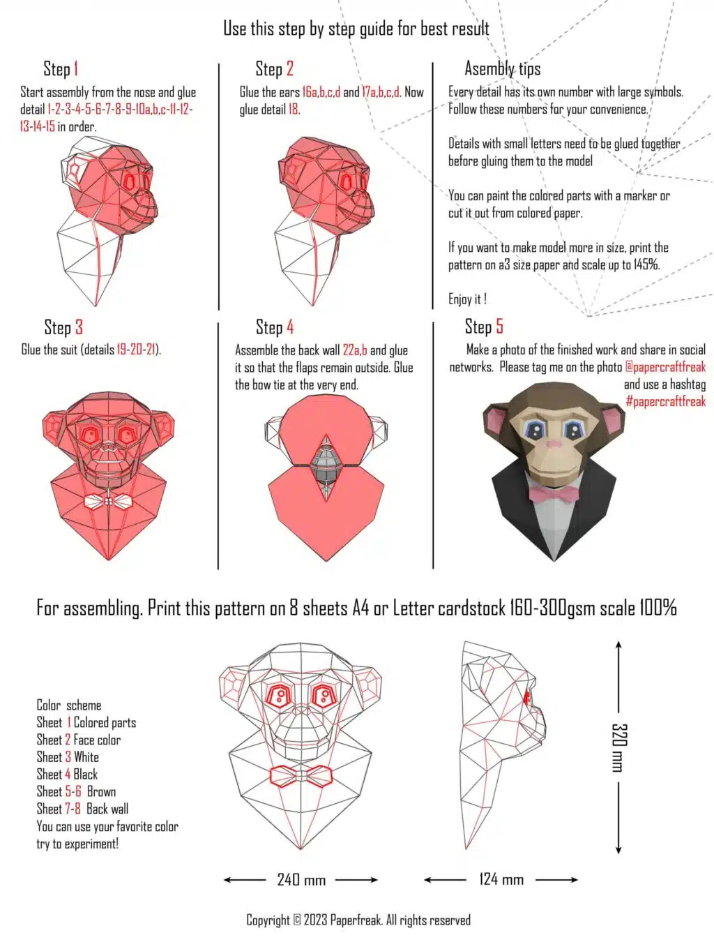 Aap papercraft 3D met strikje, weergave 3