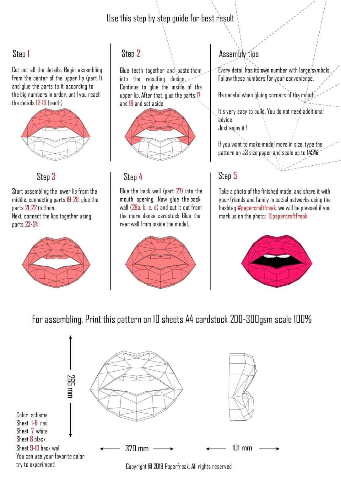 Papercraft of 3D red lips in origami