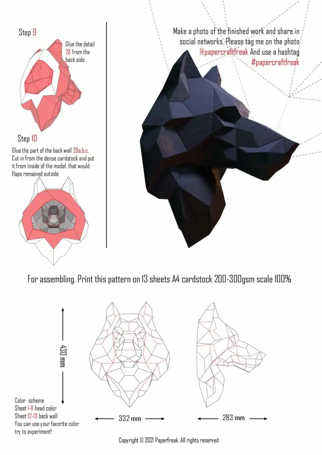 Cabeça de lobo em papercraft 3D