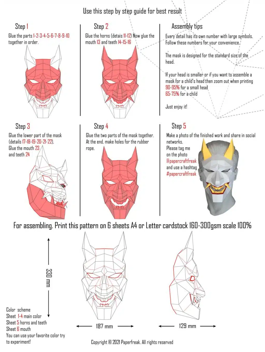 Oni demonenmasker in papercraft 3D, weergave 3