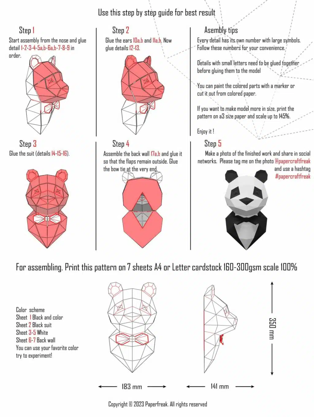 Panda in pak papercraft 3D, weergave 3